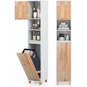 COSTWAY Meuble Colonne Salle de Bain, Armoire de Rangement &Eacute;troite avec Panier &agrave; Linge, 2 Compartiments Ouverts, Porte Rabattable, Dispositif