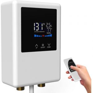 Chauffe-eau &eacute;lectrique instantan&eacute; 3 500 W 220 V avec t&eacute;l&eacute;commande et &eacute;cran tactile LCD, commande &agrave; la demande, lavabo et robinet, gain de place