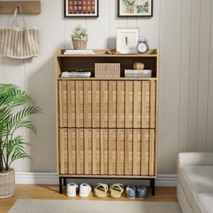 Armoire à Chaussures, Meuble à Chaussures Inclinable, 3 Compartiments (2 Rangements Chaussure+1 Étagère Ouvert), Motif de Ligne, Étagères Réglable et