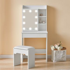 Clipop - Coiffeuse d'angle led blanche avec tiroirs, 1 miroir coulissant, &eacute;tag&egrave;res et tabouret, meubles de chambre &agrave; coucher