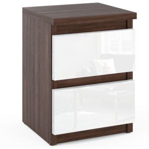 Table de chevet - Table de chevet avec 2 tiroirs - chêne wengé / blanc brillant, hauteur 40cm largeur 30cm gl. 30cm
