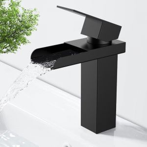 Homelody - Robinet Cascade Noir Mitigeur de Lavabo Monotrou Robinetterie Lave-mains avec Levier Unique en Acier Inox Robinet Salle de Bain
