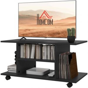Meuble TV avec roulettes pivotantes, banc TV en bois avec &eacute;tag&egrave;res, support t&eacute;l&eacute; pour t&eacute;l&eacute;vision jusqu'&agrave; 42 pouces, style contemporain pour salon