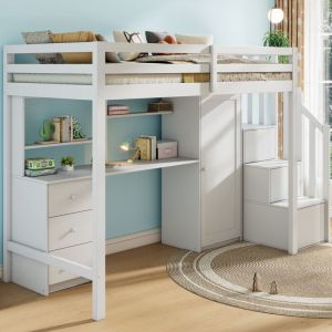 Wishdor - Lit mezzanine enfant 90x200 cm, lit mezzanine avec bureau et armoire, escalier, tiroirs, sans matelas, blanc