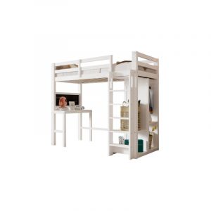 Lit d'enfant surélevé avec bureau Armoire ouverte et étagères Lit d'enfant avec sommier à lattes et protection antichute Lit simple Surface de
