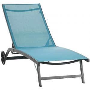 Balancelle de jardin bleue-polyester-aluminium-&agrave; dossier r&eacute;glable-roulettes 165x66x34-65-80-93-102cm