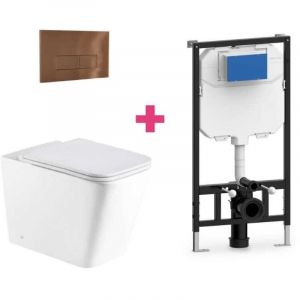 Ensemble WC suspendu PISA en c&eacute;ramique avec r&eacute;servoir et bouton de chasse d'eau Cuivre rectangulaire