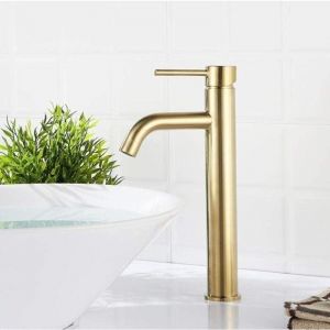 SNQ - Robinet d'évier de cuisine haut en laiton brossé doré à poignée unique, mitigeur de lavabo, robinet chaud et froid--