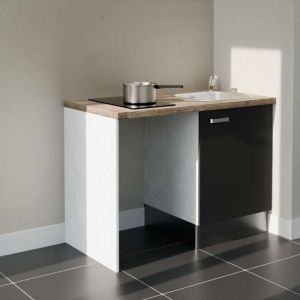 Kitchenette K08L-PT - 120 cm avec plan de travail et &eacute;vier - emplacement frigo - Fa&ccedil;ade Noir - Plan Bois - Evier Inox - Cr&eacute;dences Non