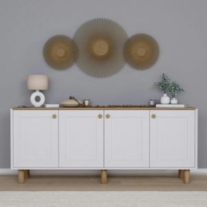 Buffet salle &agrave; manger blanc avec plateau effet noyer VAREN