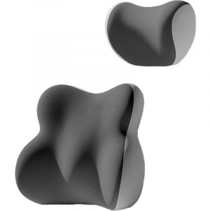 Coussin appuie-t&ecirc;te et soutien lombaire pour voiture, coussins de dossier ergonomiques pour si&egrave;ge conducteur avec sangle r&eacute;glable (gris fonc&eacute;)