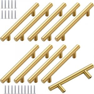 10 PCS Poignet de Porte Cuisine,Acier Inoxydable Poignee de Meuble Cuisine Espacement des Trous de 128 mm,Poign&eacute;es D'armoire Creuses Bross&eacute;es,Dor&eacute;