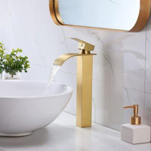 Robinet salle de bain lavabo haut cascade bec pour vasque,Mitigeur eau froide et chau moderne carré chromé trou simple (Doré)