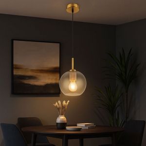 Lampe à suspension en laiton Lampe boule rétro verre clair Lampe de salle à manger boule à suspendre, métal, 1x douille E27, DxH 20x120 cm