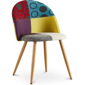 Patchwork Style - Chaise de salle à manger tapissée en patchwork - Style scandinave - Ray Multicolore - Métal finition effet bois, Bois, Lin