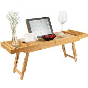Wyctin - Hofuton Lit 2 en 1 et Plateau de Bain, Support de Baignoire en Bois avec Pieds Pliants, Étagère de Pont en Bambou avec Support pour Livre ou