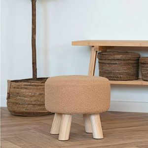 Tabouret rond en teck et fausse fourrure beige - 4 pieds arizona