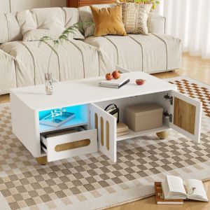 Hauss Spole - Table basse fixe 105x50x40 cm avec 4 portes, 2 tiroirs et compartiments ouverts, led, pieds boule, coffre - Blanc