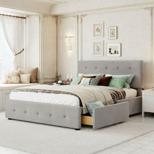 Lit 140x200 cm avec 2 tiroirs, 2 places, sommier à lattes, grand espace de rangement, scandinave, velours, Gris