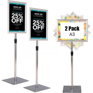 COSTWAY Porte Affiche sur Pied A3 Lot de 2, Pr&eacute;sentoir sur Pied Rotation 360 Degr&eacute;s, Hauteur R&eacute;glable 78,5-123 cm, Cadre en Alliage d'Alu, Tube en