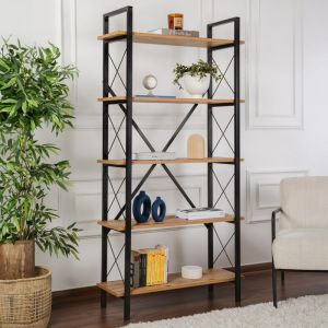 Bibliothèque Pin Atlantique & Noir - Panneau Mélaminé Durable avec Cadre Métallique, 90x180cm Idéale pour Salon, Bureau et Chambre