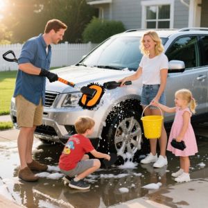 Brosse de Lavage Auto 132 CM avec Manche T&eacute;lescopique Kit de Lavage sans Rayures avec Raclette Brume et Raclette Orange