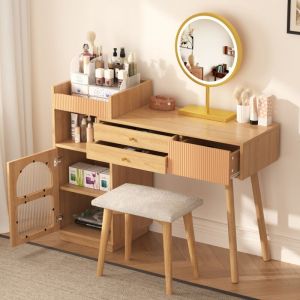 Coiffeuse avec miroir éclairé par LED, 2 tiroirs, ensemble de coiffeuse, commode, 120x40x90 cm (sans tabouret), naturel
