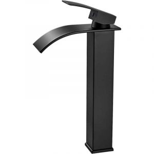 robinet de salle de bain cascade noir, robinet cascade haut noir moderne, robinet mitigeur de lavabo, robinet carr&eacute; en laiton