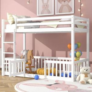 Rosahqnda - Lit superposé enfant 200x90cm, lit avec barrière et porte, escalier à angle droit, lit enfant avec garde-corps anti-chute, bois massif,