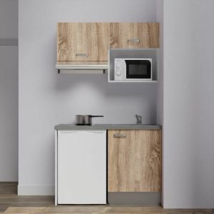 Kitchenette K02L-PT - 120 cm avec plan de travail et &eacute;vier - emplacements frigo, hotte et micro-ondes Fa&ccedil;ade Bois - Plan Gris - Evier Gris