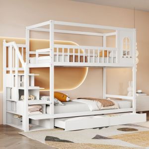 Lit superposé 90x200 cm, lit enfant 2 places avec tiroirs, échelle de rangement et barrières, en bois massif, blanc, sans matelas