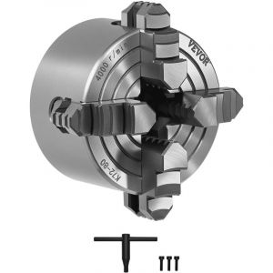Mandrin de Tour a 4 Machoires, 80 mm, Mandrin Auto-centrage Mors Reversibles, en Fonte HT300, Plage de Serrage 5-80 mm, avec Cle en t, Serrage