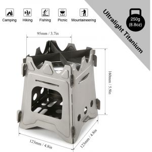 Jeffergarden Lixada Camping Titanium Po&ecirc;le &agrave; bois ultral&eacute;ger et pliable avec plateau &agrave; alcool, portable, pour la cuisine en plein air, la randonn&eacute;e,