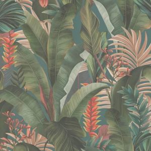 Papier peint floral Profhome 394352 papier peint intiss&eacute; gaufr&eacute; &agrave; chaud l&eacute;g&egrave;rement textur&eacute; au design de jungle mat bleu p&eacute;trole vert rouge saumon