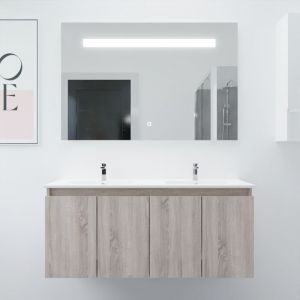 Meuble proline 120 cm avec plan double vasque et miroir El&eacute;gance ht80- Bois- Plan vasque en C&eacute;ramique