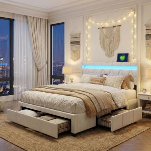 Lit double 160x200 avec 4 tiroirs &ndash; LED et USB, sommier lattes, T&ecirc;te de Lit Capitonn&eacute;e en Lin &ndash; Beige