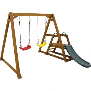 Balan&ccedil;oire, Balan&ccedil;oire double pour enfants avec toboggan et &eacute;chelle, balan&ccedil;oire d'ext&eacute;rieur, cadre en bois massif, 238,5 x 240 x 168,9 cm - Marron