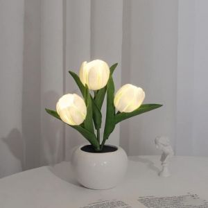 Lampe Tulipe LED Avec Vase Lampe De Nuit Simul&eacute;e Pour Bureau Salon D&eacute;coration Maison Blanc