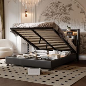 Lit coffre double 180x200 cm, avec &eacute;clairage led, chargement usb, cloisons ouvertes, poches lat&eacute;rales chevet, pu, ​​espace de rangement, sommier &agrave;