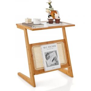 Costway - Table d'Appoint Bohême avec Porte-Revues en Rotin, Bout de Canape en Bambou avec Plateau en Verre Trempé, Petite Table d'Appoint Salon, 50