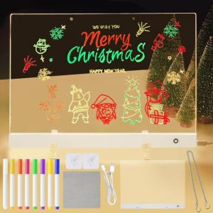Tableau Effaçable à Sec en Acrylique, Tableau Lumineux Message LED 40 x 30 cm Led Message Board 4 Modes & 6 Colorés, Tablette lumineuse Dessin avec 7