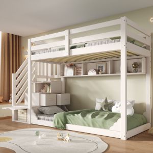 Lit superpos&eacute; enfant 90x200 cm &ndash; Bois, escalier avec rangements, barri&egrave;res s&eacute;curit&eacute; &ndash; Blanc