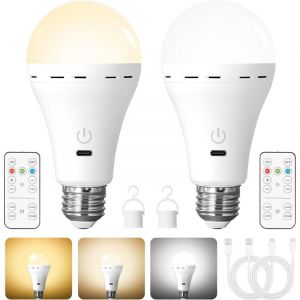 Lot de 2 Ampoule LED sans fil rechargeable E27, t&eacute;l&eacute;commande, 3 couleurs, variateur, pour &eacute;clairage int&eacute;rieur, salon, chambre, sans c&acirc;blage