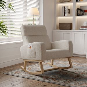 Fauteuil &agrave; bascule, Fauteuil confortable avec poches lat&eacute;rales, Dossier rembourr&eacute;, tissu sherpa,Style Scandinave,chaise &agrave; bascule d&eacute;contract&eacute;e - Beige
