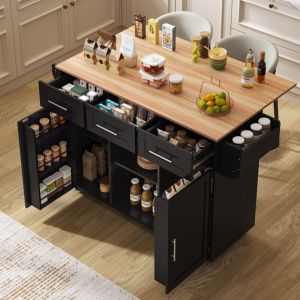 Desserte de cuisine sur roulettes avec table pliante, pieds en bois remplaçables, rangement buffet, 139 x 46/71 x91,5 cm, MDF, noir