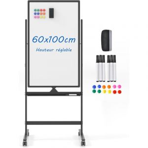 Costway &ndash; Tableau blanc magn&eacute;tique effa&ccedil;able &agrave; sec 60x100cm &ndash; Hauteur r&eacute;glable 155,5-183,5cm &ndash; 4 roulettes avec freins &ndash; Construction en aluminium