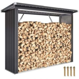 Abri-bûches 213x66,5x150 cm - Support pour Bois de Chauffage avec Plancher Surélevé et Toit Incliné, Structure en Acier Galvanisé