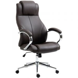 D&eacute;coshop26 - Fauteuil de bureau sur roulettes avec accoudoirs forme ergonomique en v&eacute;ritable cuir marron et m&eacute;tal chrom&eacute; 100002643