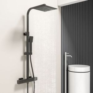 Colonne de douche thermostatique noire 25x25cm, pomme de douche carrée en acier inoxydable, ensemble de douche de salle de bain à hauteur réglable