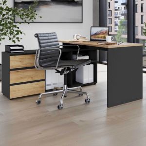 Germania - Bureau d'angle avec rangements gris fonc&eacute; et ch&ecirc;ne - koxie